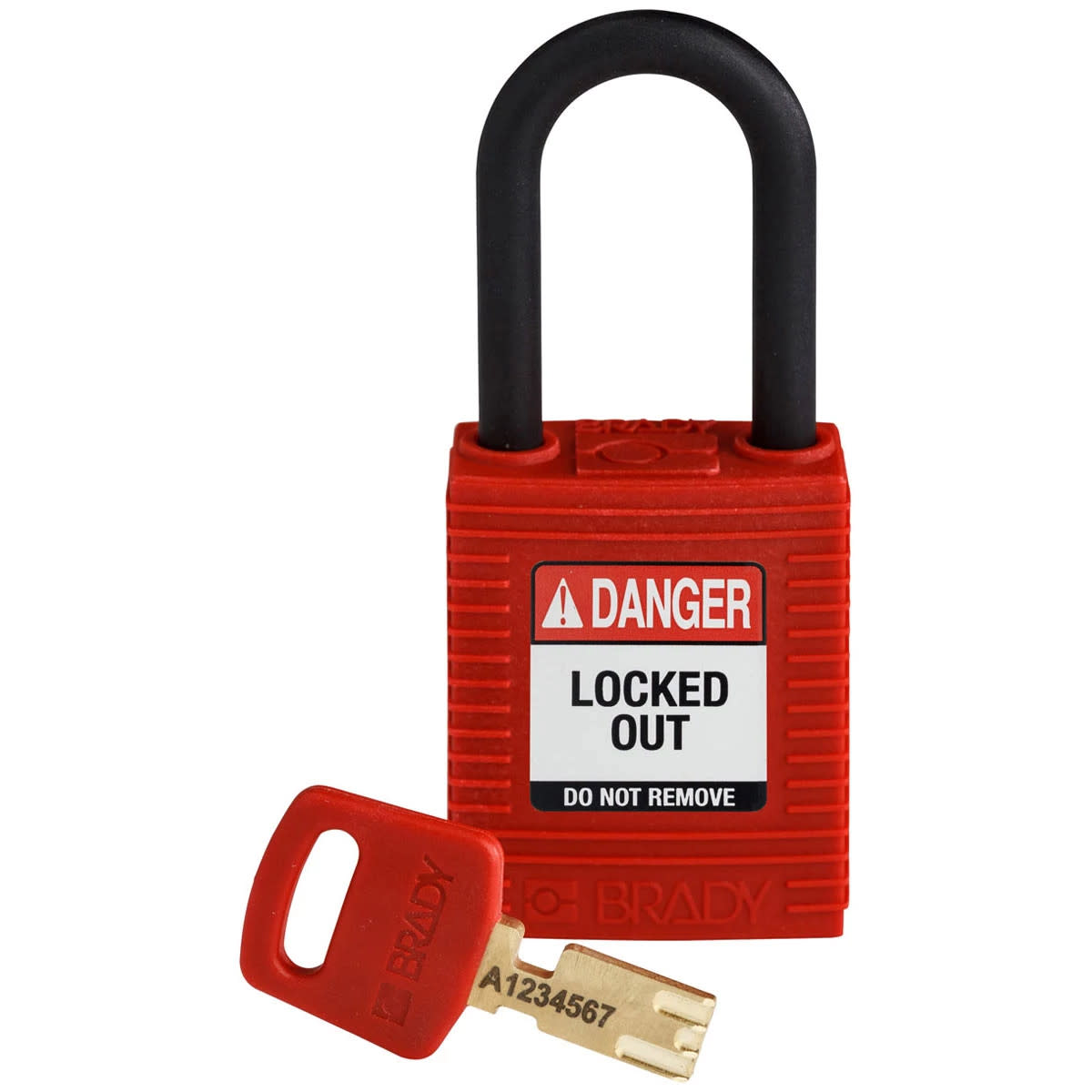 Brady Corporation NYL-RED-38PL-KD | SafeKey Lockout Padlock Nylon Red 1.5 in. Plastic Shackle, Keyed Different