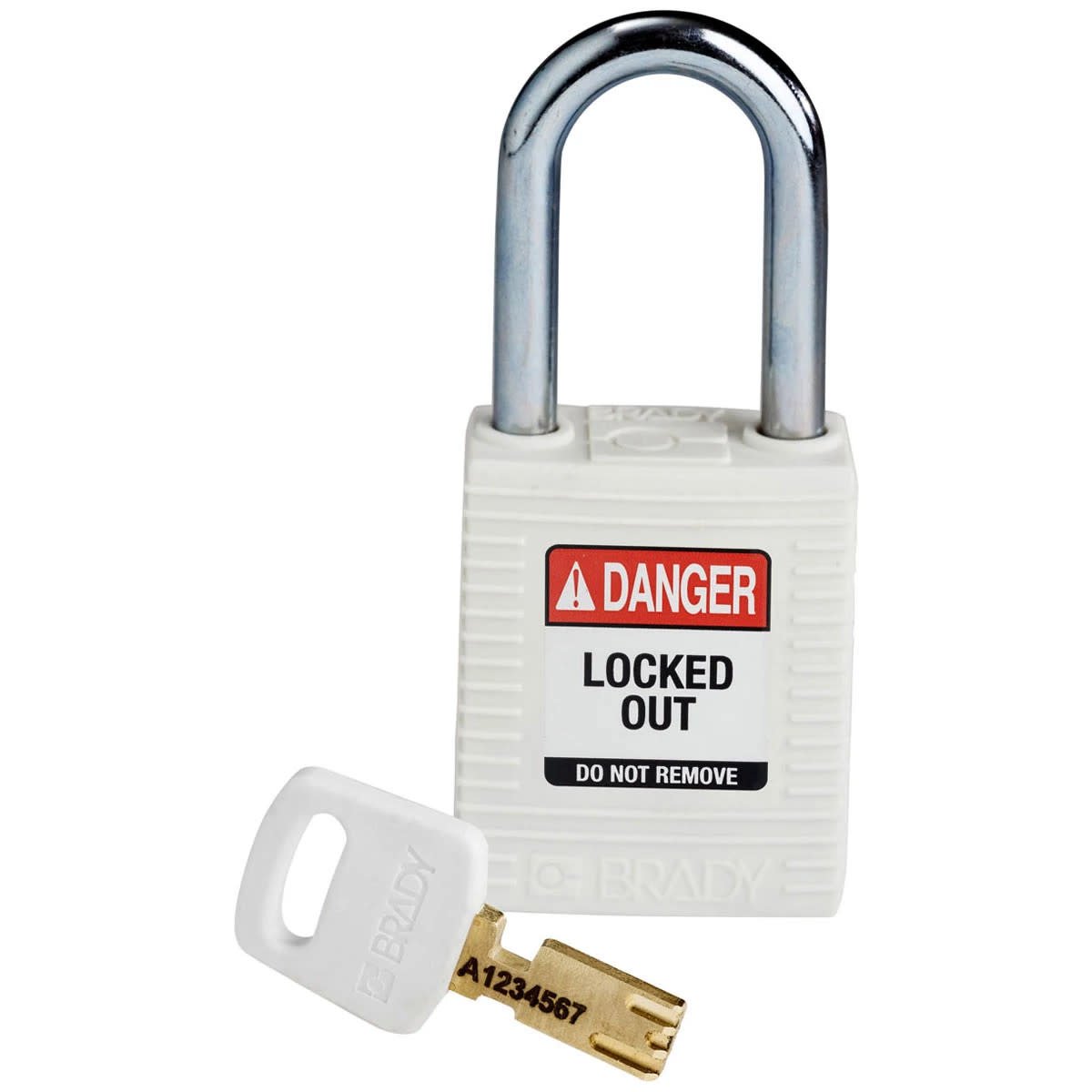Brady Corporation NYL-WHT-38ST-KD | SafeKey Lockout Padlock Nylon White 1.5 in. Steel Shackle, Keyed Different