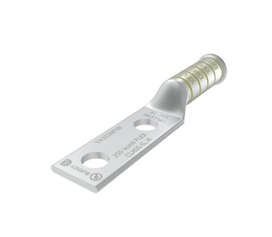 Burndy YA302NFXB | Copper Compression Terminal, 250 kcmil, 2-Hole, NEMA Spacing, Long Barrel, Belled
