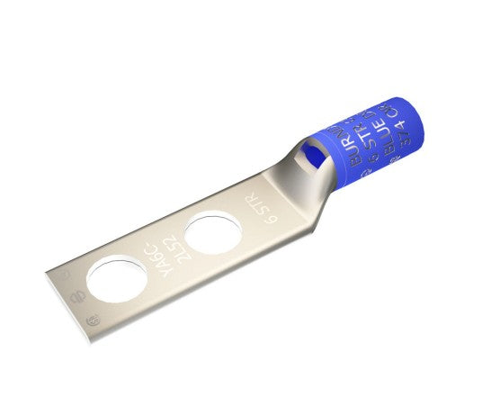 Burndy YA6CL2TC14 | Copper Compression Terminal, 6 AWG, 2-Hole, 1/4 in. Stud, 5/8 in. Spacing, Standard Barrel