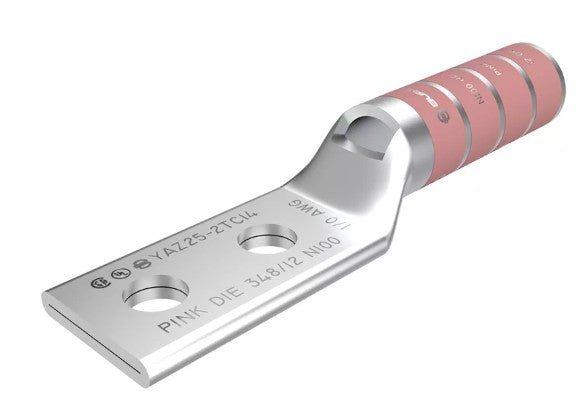 Burndy YAZ252NTC38 | Compression Terminal, 1/0 AWG Copper, 2-Hole, 3/8 in. Stud, 1-3/4 in. Spacing, Long Barrel