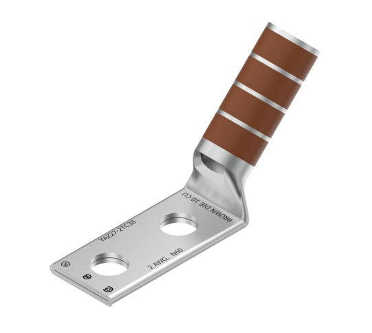 Burndy YAZ2C2TC1445 | Copper Compression Terminal, 2 AWG, 2-Hole, 1/4 in. Stud, 5/8 in. Spacing, Long Barrel, 45°