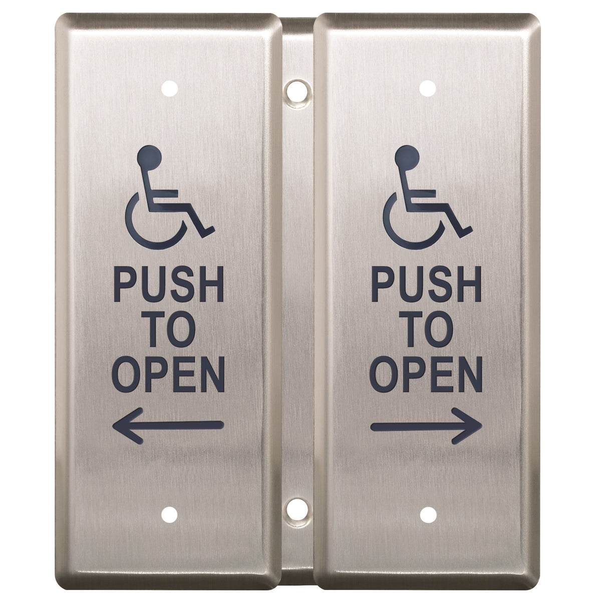 Camden Door Controls CM-2520/4 | Double Gang Vestibule Push Plate Switch, 'WHEELCHAIR' Symbol and 'PUSH TO OPEN', Blue