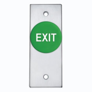 Camden Door Controls CM-4185GE | 1-5/8" Green Mushroom Pushbutton (EXIT), Aluminum Narrow Faceplate, Spring Return, DPST Time Delay, Brushed Aluminum