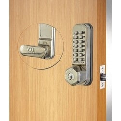 Codelocks Llc CL250K SS | Mechanical Lock Latchbolt Hexagonal Beveled Handle, PVD Stainless Steel, with Hex Key Override, Dual Backplate, For Hung Door