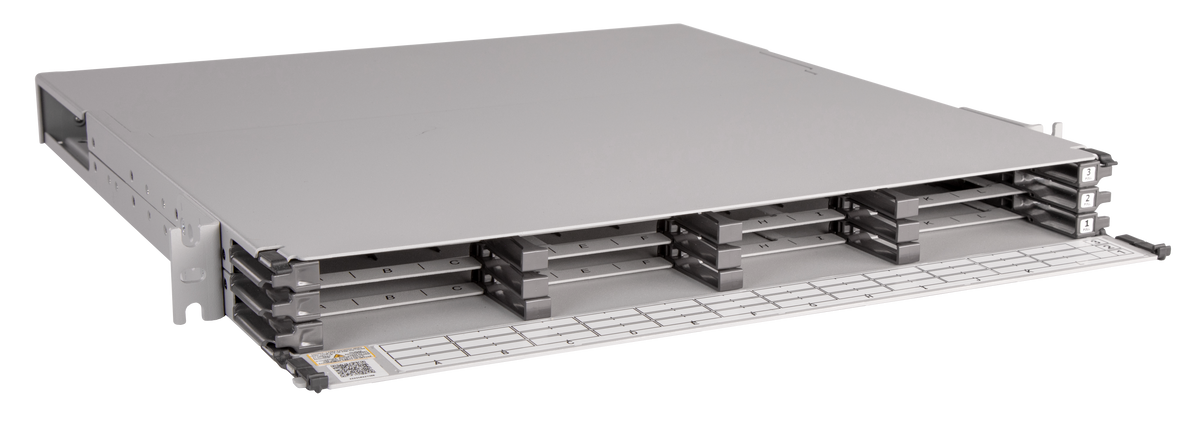 CommScope 760252002 | Propel 1RU sliding tray fiber panel, accepts Propel ULL modules or adapter packs, providing up to 72 duplex LC ports, 72 MPO ports or 144 SN ports (288f)