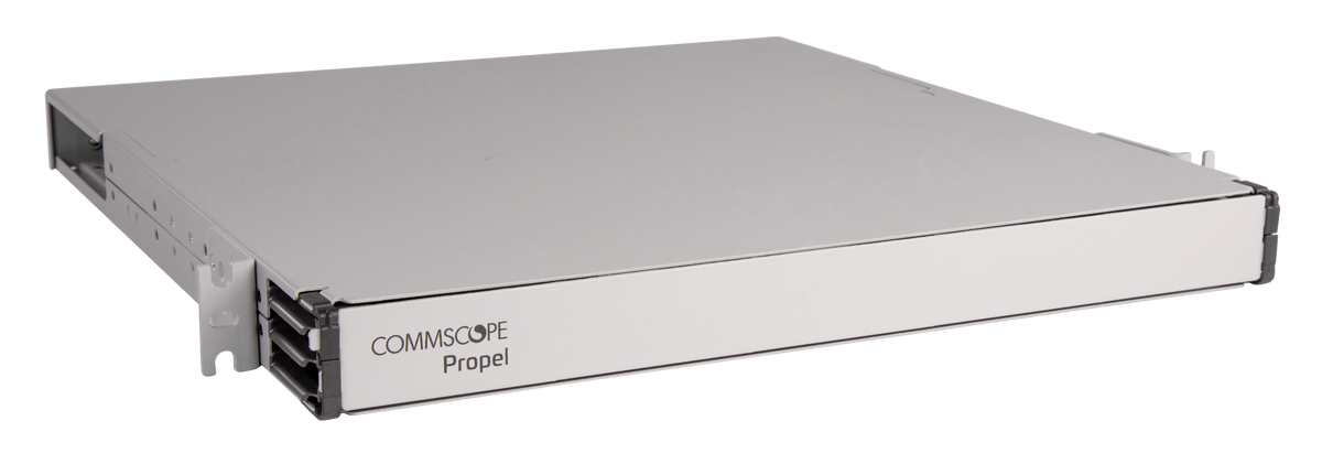 CommScope 760252002 | Propel 1RU sliding tray fiber panel, accepts Propel ULL modules or adapter packs, providing up to 72 duplex LC ports, 72 MPO ports or 144 SN ports (288f)