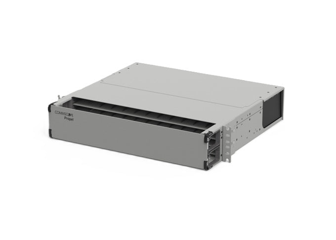 CommScope 760253797 | 2RU Fixed Tray Fiber Panel, Up to 96 Duplex LC, 96 MPO Ports, Gray