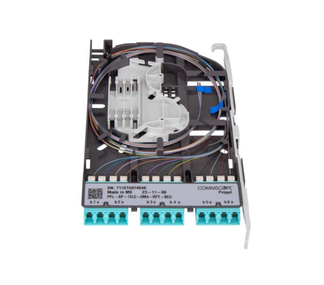 CommScope 760255080 | OM4 Splice Cassette, 12 LC, Internal Shutters, OM4 Ribbon Pigtails, UL Listed