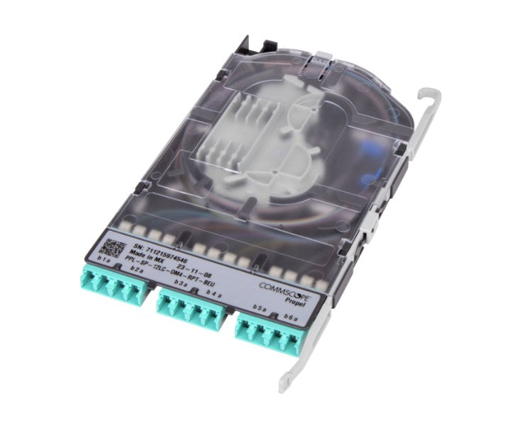 CommScope 760255080 | OM4 Splice Cassette, 12 LC, Internal Shutters, OM4 Ribbon Pigtails, UL Listed