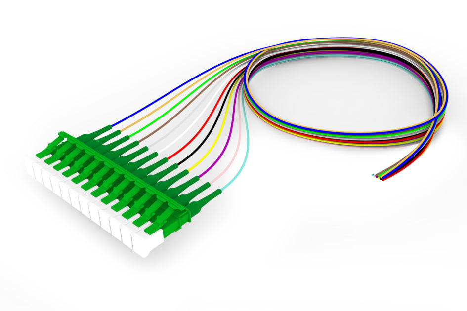 CommScope FAWLAUC0CXXM001 | Singlemode LC APC to Unconnectorized, 0.9mm Tight Buffer Fiber Pigtail, 12-Fiber Kit, Blue Aqua (1-12)