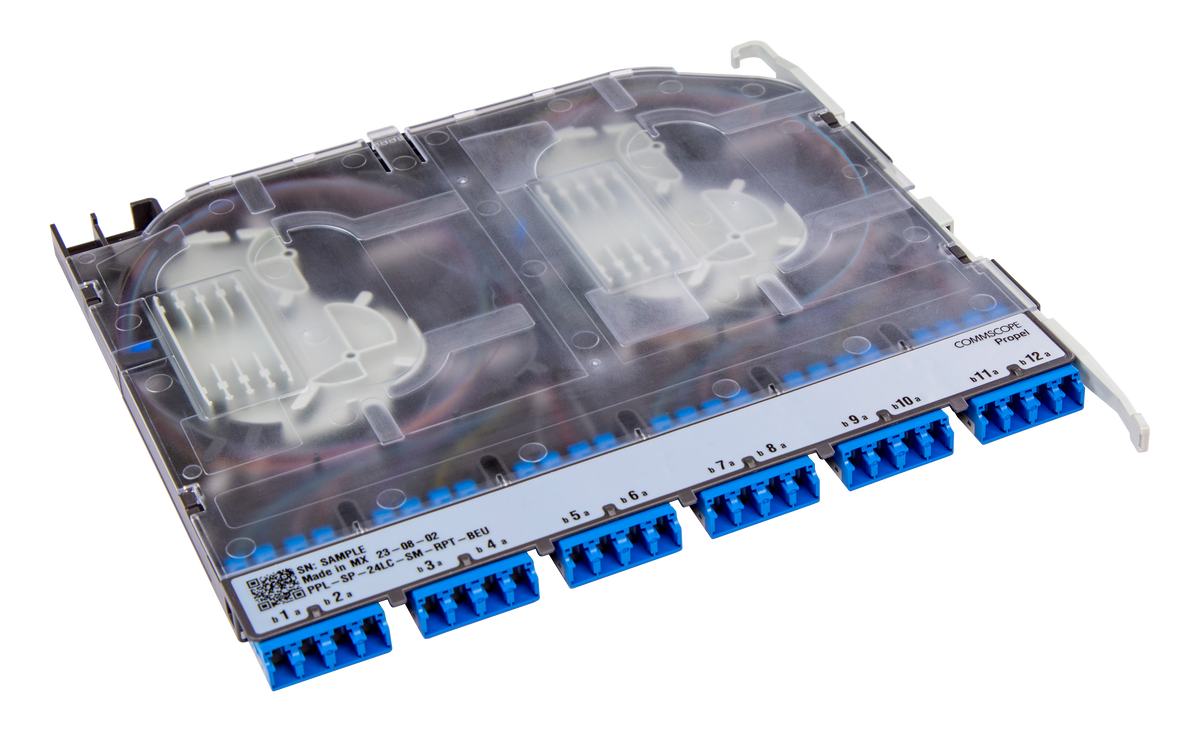 CommScope 760255056 | Propel Singlemode Splice Cassette, 24LC/UPC with internal shutters, OS2 ribbon fiber pigtail, Method B Enhanced ULL