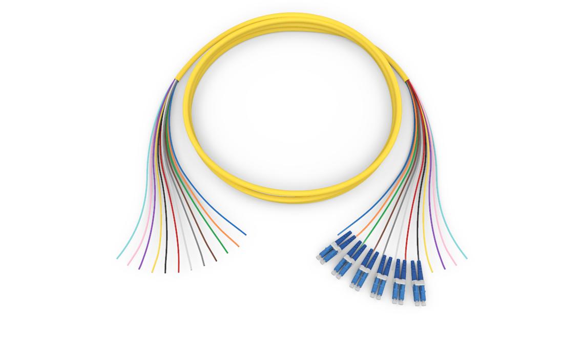 Corning 000412G81NF003M | Standard Pigtail / Standard LCUPC Duplex SM, SMF Ultra, 12F, MIC Riser, Standard Yellow Jacket 3 Meters