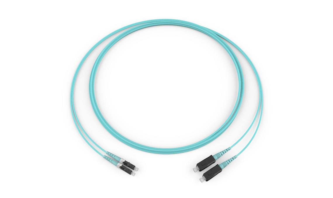 Corning 033902T5120010M | Standard LC Simplex MM / Standard SC Simplex MM, OM3 50um, 2F, Zipcord Riser, Standard Aqua Jacket 10 Meters