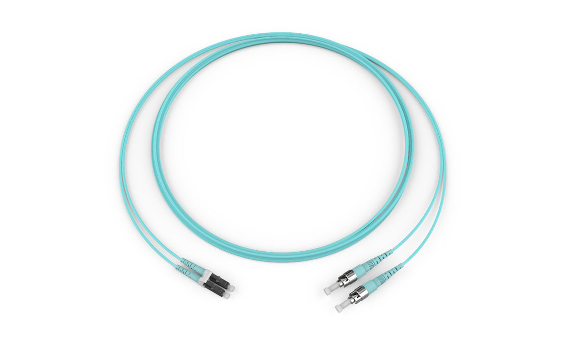 Corning 055002T5820020M | Standard LC Duplex MM/Standard ST MM, OM3 50um, 2F, Zipcord Plenum, Standard Aqua Jacket 20 Meters