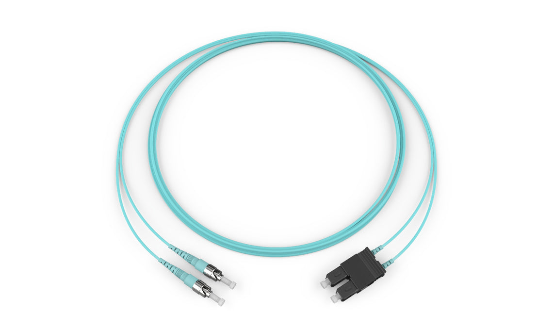 Corning 505702T5820020M | Standard ST MM/Standard SC Duplex MM, OM3 50um, 2F, Zipcord Plenum, Standard Aqua Jacket 20 Meters