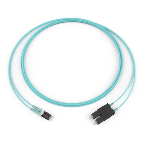 Corning 055702T5120010M | Standard LC Duplex MM / Standard SC Duplex MM, OM3 50um, 2F, Zipcord Riser, Standard Aqua Jacket 10 Meters