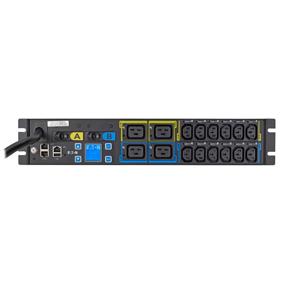 Eaton Power Quality EMIU06-10 | Metered Input PDU, 1Ph, 2U, L6-30P Input, 10 Ft Cord, 5.76 KW, 24A, 200-240V, 16 Outlets (12) C13 (4) C19