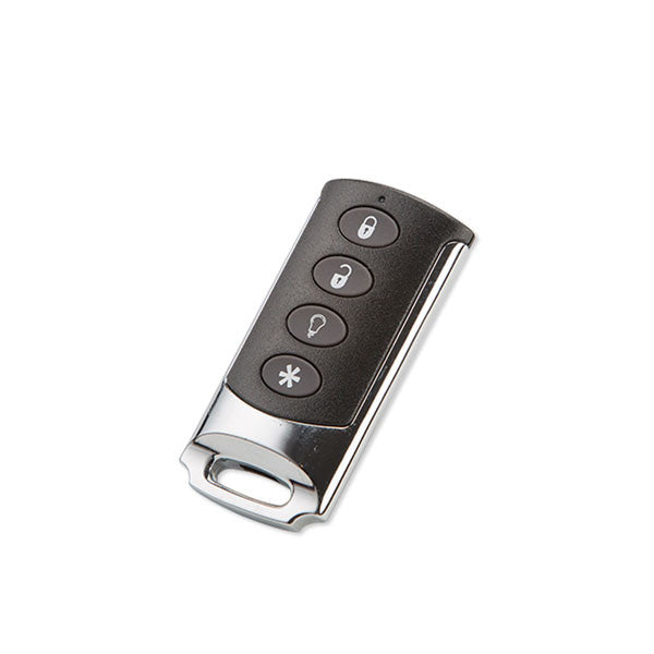 Ecolink Intelligent Technology TX-E101 | 4-Button Chrome Keyfob, Dimensions, WxHxD, 2-1/2 x 1-1/4 x 1/2 in.
