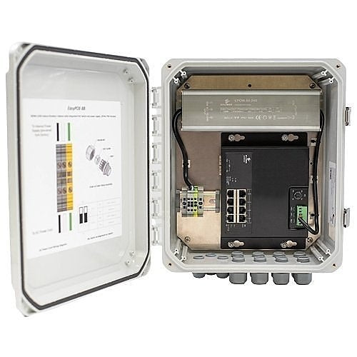 Etherwan Systems EASYPOE4P-PMT | EasyPoE Lite Series NEMA Rated Cabinet with 4-Port 10/100/1000BASE-T PoE, 1-Port 10/100/1000BASE-T RJ45 and Surge Suppressor with Pole Mount Kit