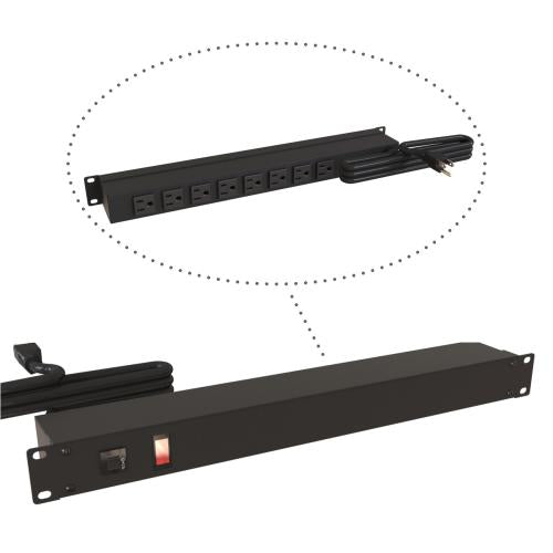 Hammond Manufacturing 1583T8A1BK | 19" Rack Mount Power Strip, 15A, 8 Outlets, 6 ft Cord, Black