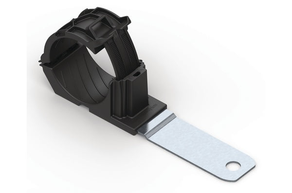 HellermannTyton 151-02016 | Ratchet P-Clamp, 1.38 - 2.01" Bundle Dia, 180° Long, 0.26" Hole Dia, Pa66Hirhsuv/Ss304, Black, 140/Ctn