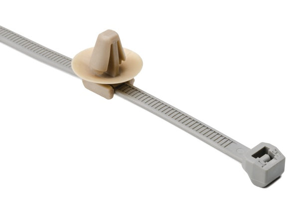 HellermannTyton 156-00456 | 2-Piece Cable Tie/Arrowhead Mount, 7.9" Long, 50lb Tensile, .25"-.26" Hole, .07"-.09" Pnl, PA46/PEEK, Gray/Bge, 100/pkg