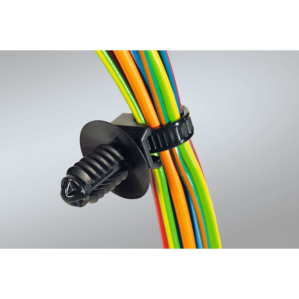 HellermannTyton T50RTM25E0HSM4 | 1-Piece Cable Tie/Fir Tree Mount, 8.3" Long, 0.25"-0.28" Mounting Hole, PA66HS, Black, 1000/pkg