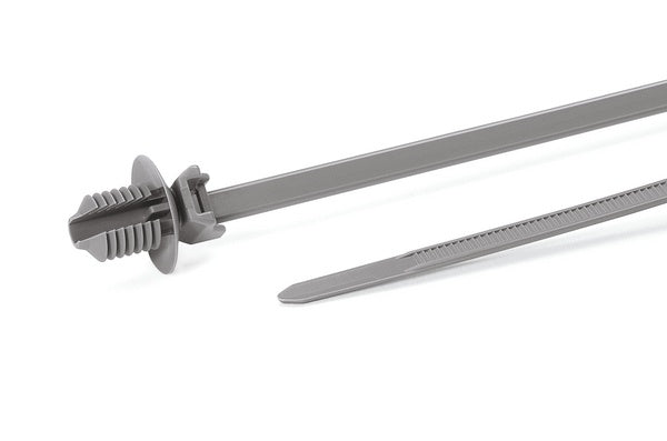 HellermannTyton 157-00115 | 1-Piece Cable Tie/Fir Tree Mount with Disc, 6.4"L, Mounting Hole Diameter .30"-.33", PA46, Grey, 1000/pkg