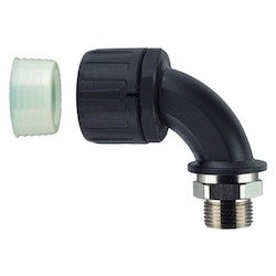 HellermannTyton 166-90043 | HelaGuard Non-Metallic IP68 Fitting, 90-Elbow Brass Swivel, Ext. Metric Thread, 1.00" (32mm) Dia, NPB PA66, Black, 10/pkg