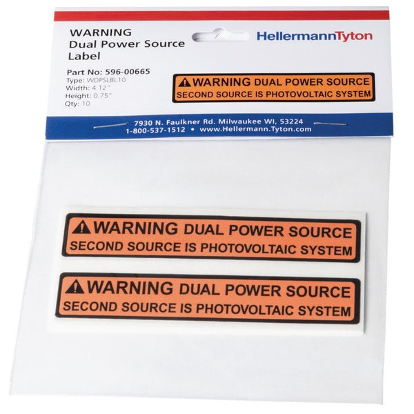 HellermannTyton 596-00231 | Solar Label, WARNING DUAL POWER SOURCE SYSTEM, 4.125" x .75", VL, Red, 50/roll