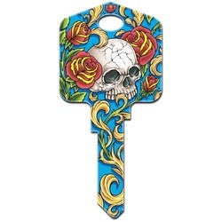 Howard Keys SC1-AI1 | Decorative Key Blank, Schlage, Large Headed, Painted, Achilles Ink, Skull and Roses Design, Individually Carded