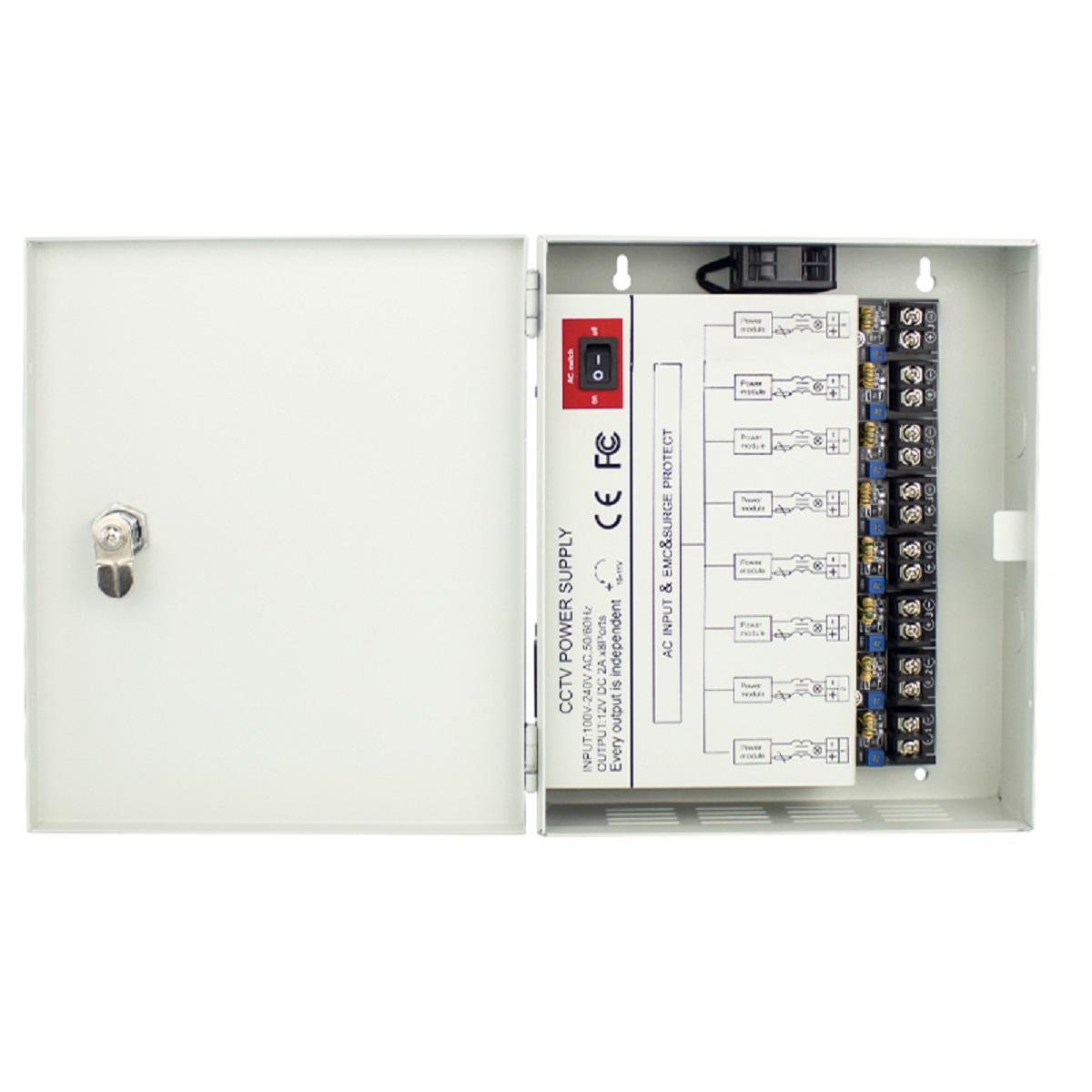 IC Realtime PS-DC16A08HD-4DK | 8-Channel Power Supply, 12 VDC, 16 Amps, Regulated, Individually Fused (PTC)