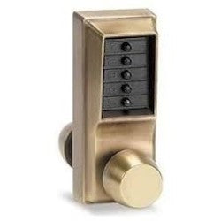 Kaba 1011-05-41 | Mechanical Pushbutton Lock, Heavy Duty, 1/2" Cylindrical Throw Latch, Combination Entry, Antique Brass with Knob