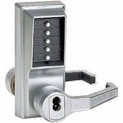 Kaba LR1021B-026-41 | Mechanical Pushbutton Lock, Heavy Duty, Right Hand, SFIC Best Equivalent 6 or 7-Pin, 1/2" Cylindrical Throw Latch, Combination Entry/Key Override, Bright Chrome Plated with Lever