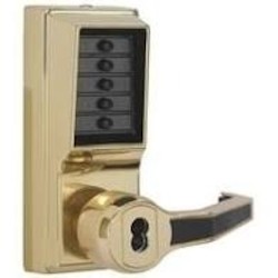 Kaba LR1021B-03-41 | Mechanical Pushbutton Lock, Heavy Duty, Right Hand, SFIC Best Equivalent 6 or 7-Pin, 1/2" Cylindrical Throw Latch, Combination Entry/Key Override, Bright Brass with Lever