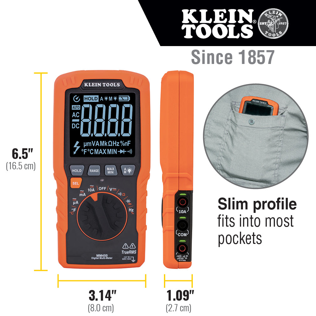Klein Tools MM450 | Slim Digital Multimeter, TRMS Auto-Ranging, 600V, Temp