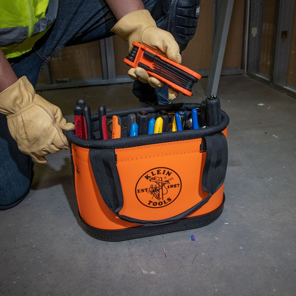 Klein Tools 5144HBS | Hard-Body Bucket, 15-Pocket Oval Bucket, Orange/Black