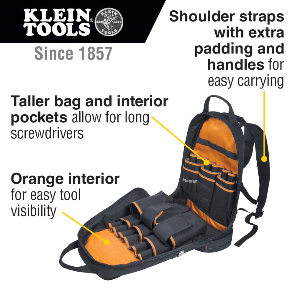 Klein Tools 55421BP-14 | Tradesman Pro Tool Bag Backpack, 39 Pockets, Black, 14-Inch
