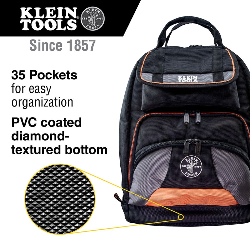 Klein Tools 55475 | Tradesman Pro Tool Bag Backpack, 35 Pockets, Black, 17.5-Inch