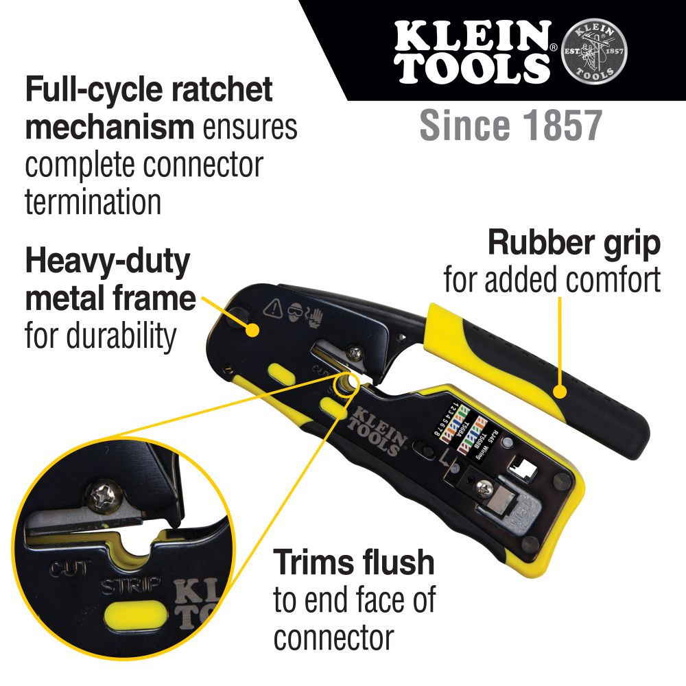 Klein Tools VDV226-110 | Ratcheting Cable Crimper / Stripper / Cutter for Pass-Thru