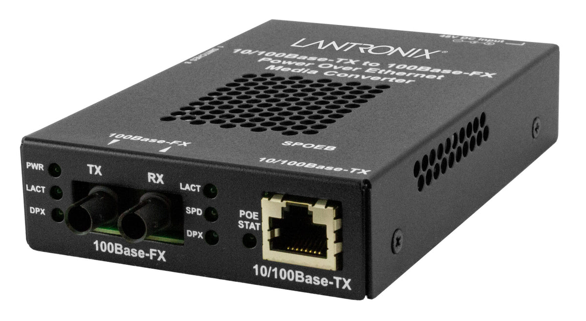 Lantronix SPOEB1011105NA | Stand-alone Fast Ethernet PoE Media Converter10/100Base-TX PoE PSE to 100Base-FX