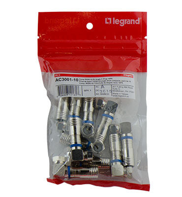Legrand AC300110 | Plug, RG6U/Q Right Angle, 4" Width x 0.46" Depth x 7" Height, For F-Type Coaxial Cable, 10 per Pack