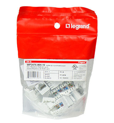 Legrand WP3476WHV5 | Quick Connect CAT6 RJ45 Keystone Inserts, 5-Pack, White, E/S