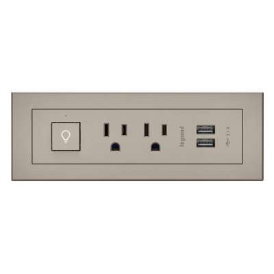 Legrand C2G 16359 | radiant Furniture Power Center with Power Switch, 2 Outlets and USB - Nickel