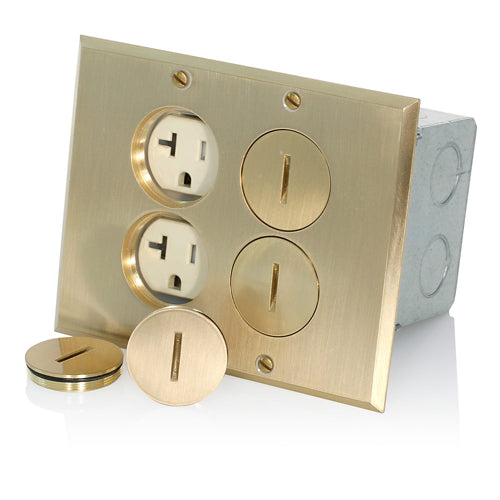 Leviton 35349-TFB | Floor Box Assembly With (2) 20 Amp Tamper-Resistant Outlet/Receptacle, Brass