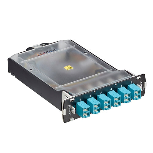 Leviton SPLCS-2QL | SDX Pigtail Fusion Splice Module Pre-Loaded With Duplex Shuttered LC Adapters (Aqua) And 12-Fiber OM4 Lc/Pc Individual Pigtails