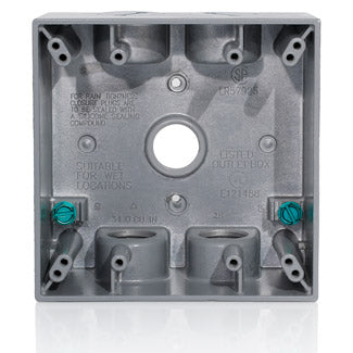 Leviton 2GM55-GY | Two Gang Die-Cast Weatherproof Box with Five 1/2" Diameter Outlets, Includes Mounting Hardware and Inserts to Cover Unused Openings - GRAY