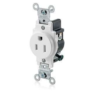 Leviton 5015-W | Single Receptacle Outlet, Commercial Specification Grade, Smooth Face, 15 Amp, 125 Volt, Side Wire, NEMA 5-15R, 2-Pole, 3-Wire, Grounding, White