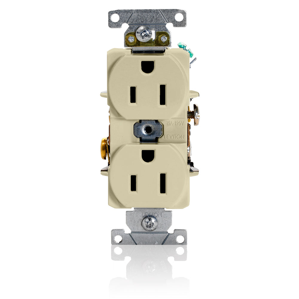 Leviton 5252-I | Duplex Receptacle Outlet, Heavy-Duty Industrial Specification Grade, Smooth Face, Self-Grounding - Ivory
